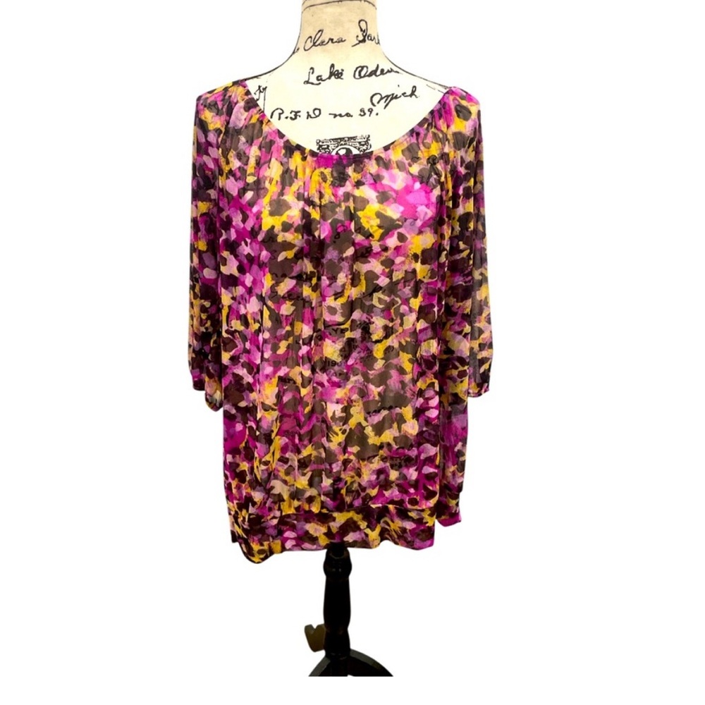 Lane Bryant Blouse Womens Plus 18/20 Sheer 3/4 Sleeve Multicolor 100% Polyester